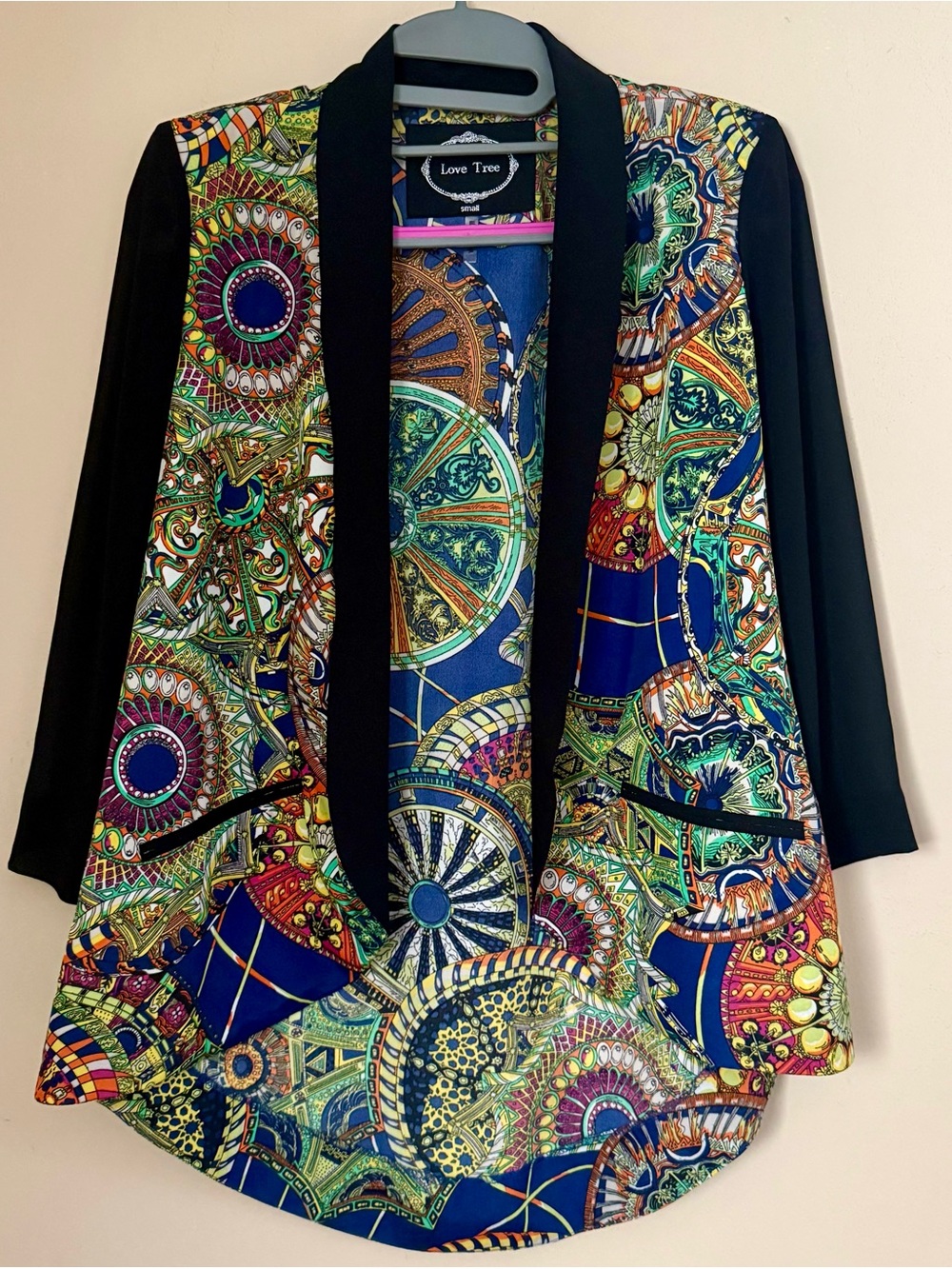 Love Tree Navy Multicolor Medallion Open Front Blazer with Black Trim